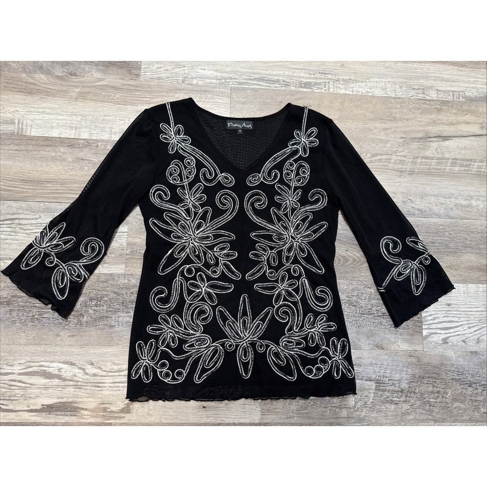 Y2K Pretty Angel Black Sheer Silk Blend Embroidered Blouse Shirt Bell Sleeve‎ S